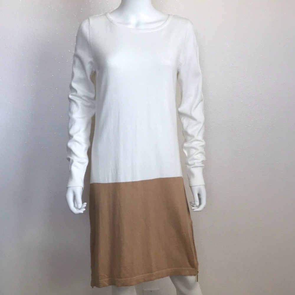 Michael Kors Cream and Brown Long Sleeve Two-Tone Shift Dress